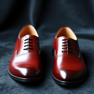 A pair of highly polished, classic leather oxford shoes resting on a plush carpet, reflecting luxury and quality.
